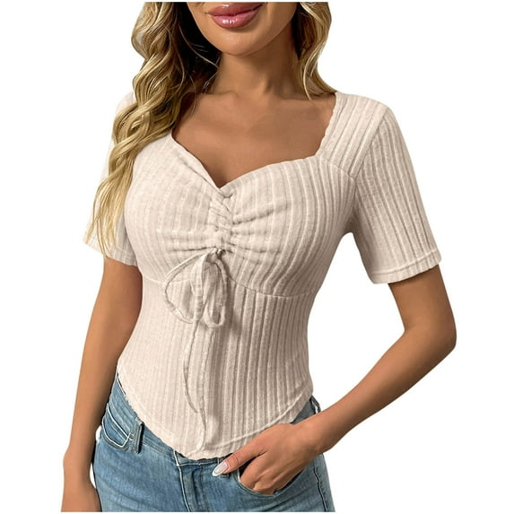 TKLPEHG Womens T Shirts V Neck Pleated Tight Tops Solid Color Tshirt Short Sleeve T Shirts Dressy Casual Blouses Fashion Summer Loose Fitted Womens Clothes (Beige,L)