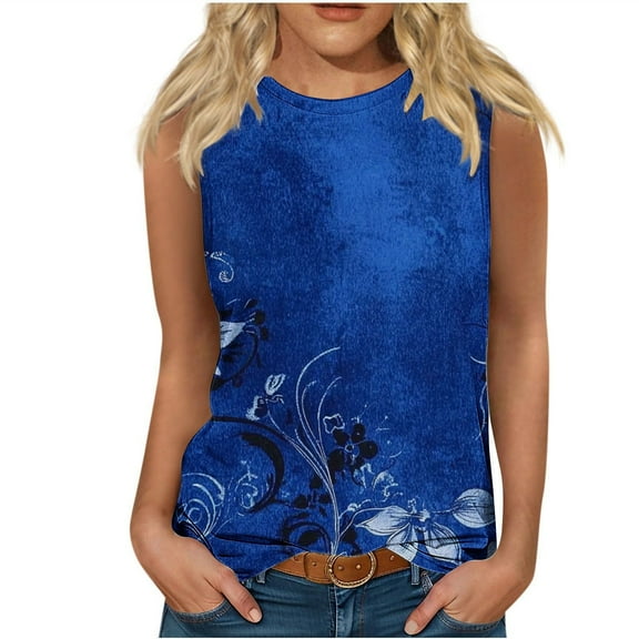 TKLPEHG Womens Tank Tops Crew Neck Tank Tops Loose Fitted Summer Fashion Print Tshirt Dressy Casual Blouses Womens Clothes (Dark Blue,S)