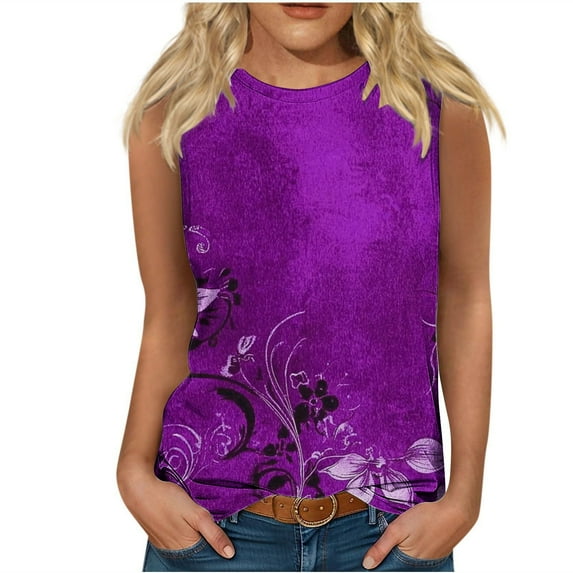 TKLPEHG Womens Tank Tops Crew Neck Tank Tops Loose Fitted Summer Fashion Print Tshirt Dressy Casual Blouses Womens Clothes (Purple,XL)