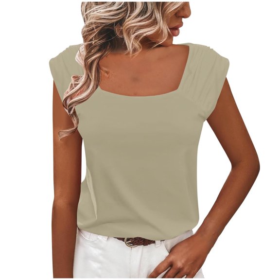 TKLPEHG Womens Tank Tops Square Neck Basic Shirt Loose Solid Color Fashion Lightweight Sleeveless T Shirt Casual Summer Clothes Comfy Blouses (Beige,S)