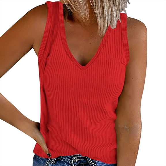 TKLPEHG Womens Tank Tops V-Neck Basic Tank Top Summer Clothes Lightweight Solid Color Loose Sleeveless T Shirt Casual Fashion Comfy Blouses (Red,S)