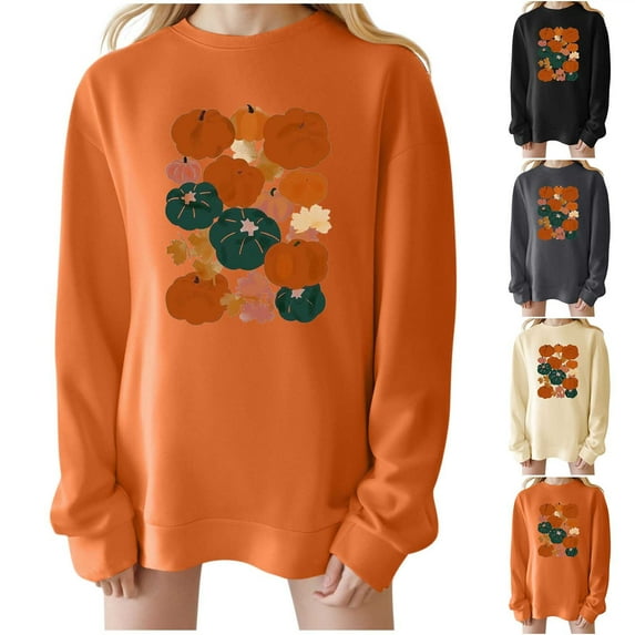 TKLPEHG Womens Thanksgiving Sweatshirts Fall Cute Pumpkin Graphic Sweatshirts Long Sleeve Round Neck Pullover Tops (Beige,L)