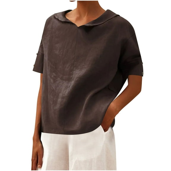 TKLPEHG Womens Tops Casual Crew Neck Cotton Linen Shirt Comfy Summer Fashion Short Sleeve T Shirts Loose Shirts Solid Color Going Out Tops Blouses (Brown,S)