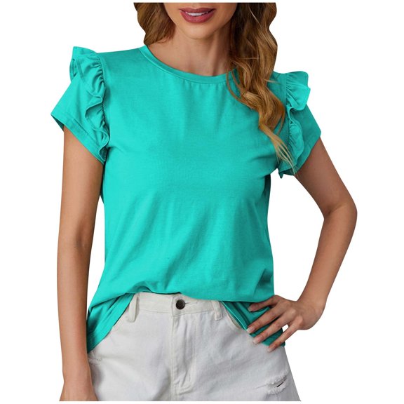TKLPEHG Womens Tops Casual Crew Neck Ruffle Sleeve Elegant Shirt Fashion Comfy Summer Clothes Lightweight Solid Color Short Sleeve T Shirt Loose Blouses (Mint Green,XL)