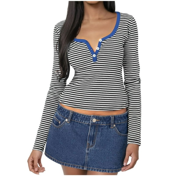 TKLPEHG Womens Tops Dressy Casual Button V Neck Slim Short Tops Loose Leisure Comfy Long Sleeve Fashion Classic Striped Print Lightweight Blouse (Blue,M)