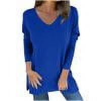 TKLPEHG Womens Tops Dressy Casual Crew Neck Irregular Hem T-shirt Fashion Lightweight Loose Classic Solid Color Leisure Comfy Long Sleeve Pullover (Blue,XL)