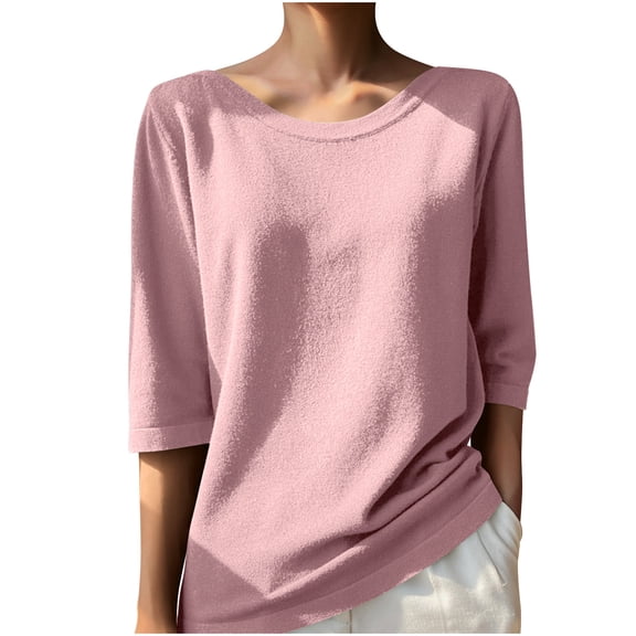 TKLPEHG Womens Tops Dressy Casual Crew Neck Knitted Tops Fall Tops Lightweight Long Sleeve T Shirt Loose Fashion Solid Color Comfy Pullover (Pink,XL)
