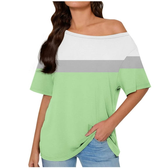 TKLPEHG Womens Tops Dressy Casual Crew Neck Tunic Shirts Summer Short Sleeve T Shirts Loose Fitted Color Block Patchwork Tshirt Comfy Soft Fashion Womens Clothes (Green,XXL)
