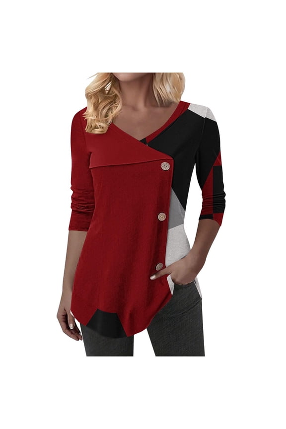 Womens Tops Dressy Casual Long Sleeve Shirts Fall Fashion V Neck Tunic Tops Color Block Loose Fit Tshirts (Red,L)