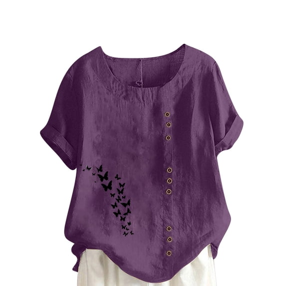 TKLPEHG Womens Tops Dressy Casual Short Sleeve T Shirts Crew Neck Button T-shirt Fashion Summer Loose Fashion Print Graphic Tee Comfy Blouses (Purple,M)