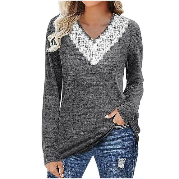 TKLPEHG Womens Tops Dressy Casual V Neck Crochet Lace Trim Tunic Shirts Long Sleeve Lightweight Classic Solid Color Loose Fashion Leisure Comfy Blouses (Dark Gray,XXL)