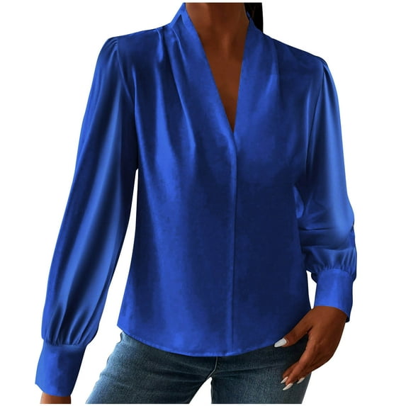 TKLPEHG Womens Tops Dressy Casual V Neck Elegant Shirts Lightweight Leisure Comfy Long Sleeve Classic Solid Color Loose Fashion Blouses (Blue Tops for Women,S)