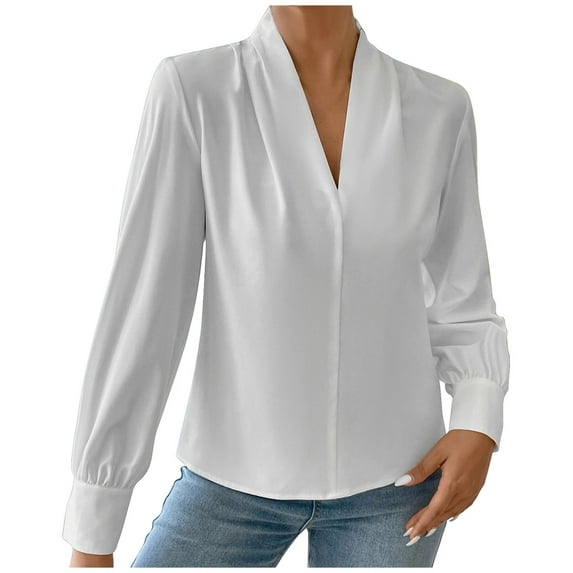 TKLPEHG Womens Tops Dressy Casual V Neck Elegant Shirts Lightweight Leisure Comfy Long Sleeve Classic Solid Color Loose Fashion Blouses (White,XL)