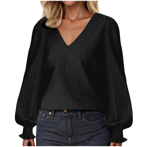 TKLPEHG Womens Tops Dressy Casual V-Neck Lantern Sleeve Shirt Fall Tops Long Sleeve T Shirt Fashion Solid Color Comfy Loose Lightweight Blouses Pullover (Black,M)