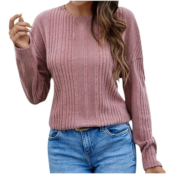 TKLPEHG Womens Tops Dressy Crew Neck Tops Casual Comfy Lightweight Classic Solid Color Loose Fashion Long Sleeve Blouses (Pink,XXL)