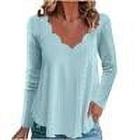 TKLPEHG Womens Tops Dressy V Neck Pleated Eyelet Shirts Casual Long Sleeve Classic Solid Color Loose Lightweight Fashion Blouse (Blue,L)