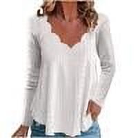 TKLPEHG Womens Tops Dressy V Neck Pleated Eyelet Shirts Casual Long Sleeve Classic Solid Color Loose Lightweight Fashion Blouse (White,XL)