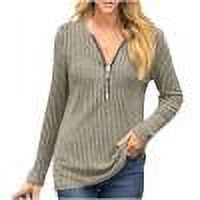 TKLPEHG Womens Tops Dressy Zipper V Neck Tunic Tops Classic Solid Color Lightweight Fashion Loose Casual Comfy Long Sleeve Blouses (Khaki,XXL)