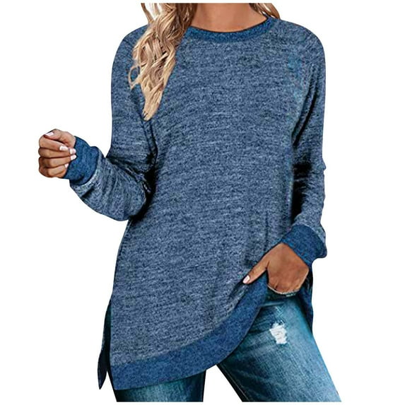 TKLPEHG Womens Tops Long Sleeve Crew Neck Raglan Sleeve Side Tops Lightweight Classic Solid Color Loose Fashion Casual Pullover (Blue,M)