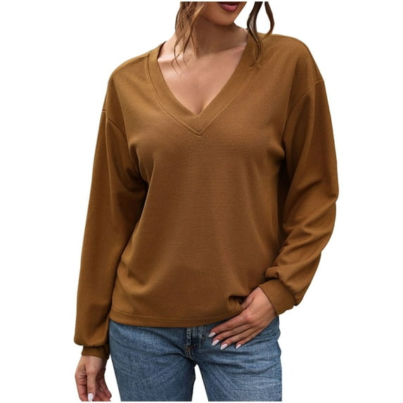 TKLPEHG Womens Tops Long Sleeve Fall Fashion Solid Color V Neck Tunic Tshirt Casual Loose Comfy Basic Pullover (Brown,XL)