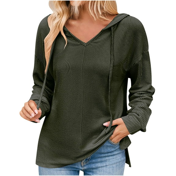 TKLPEHG Womens Tops Long Sleeve V Neck Drawstring Hooded Knitted Hooded Sweatshirt Fashion Casual Lightweight Classic Solid Color Loose Blouse (Army Green,XXL)