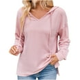 thumbnail image 1 of TKLPEHG Womens Tops Long Sleeve V Neck Drawstring Hooded Knitted Hooded Sweatshirt Fashion Casual Lightweight Classic Solid Color Loose Blouse (Pink,S), 1 of 6
