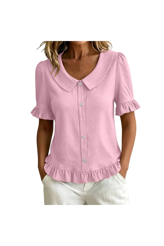 Womens Tops Peter Pan Collar Ruffle Hem Short Sleeve Button Front Blouse Lightweight Summer Shirt (Pink,S)