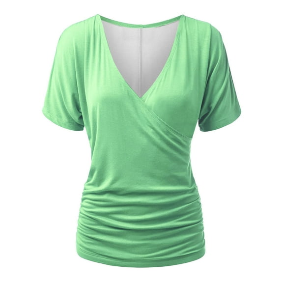 TKLPEHG Womens Tops Short Sleeve Lightweight Short Sleeve T Shirts Summer Solid Color Loose Going Out Tops Casual V Neck Pleated Tshirt Blouses(Green,XXL)