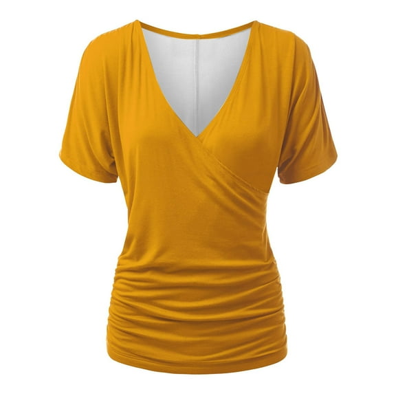 TKLPEHG Womens Tops Short Sleeve Lightweight Short Sleeve T Shirts Summer Solid Color Loose Going Out Tops Casual V Neck Pleated Tshirt Blouses(Yellow,L)