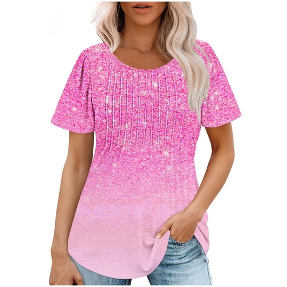 TKLPEHG Womens Tops Short Sleeve Round Neck Ruched Tunic Tops Lightweight Loose Going Out Tops Short Sleeve T Shirts Summer Glitter Print Graphic Tee Casual Blouses(Hot Pink,M)