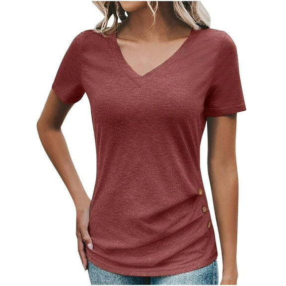 TKLPEHG Womens Tops Short Sleeve V Neck Summer Shirts Solid Color Fashion Tunic Tops Button Side Pleated T Shirts Blouses (Wine,S)