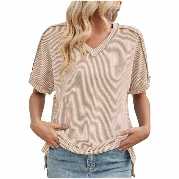 TKLPEHG Womens Tops Short Sleeve V-Neck Tunic Tops Loose Summer Fashion Comfy Casual Solid Color Graphic Tee Outfits (Beige,L)