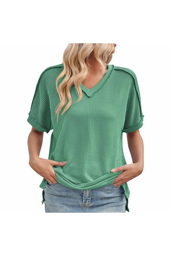 Womens Tops Short Sleeve V-Neck Tunic Tops Loose Summer Fashion Comfy Casual Solid Color Graphic Tee Outfits (Green,S)