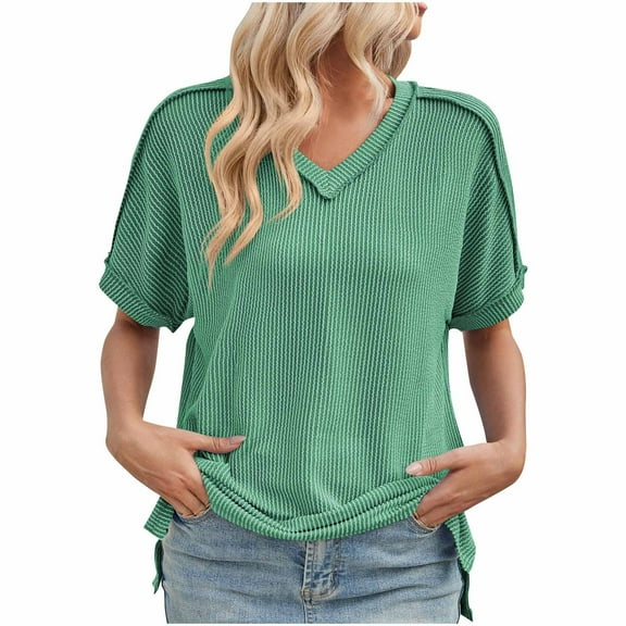 TKLPEHG Womens Tops Short Sleeve V-Neck Tunic Tops Loose Summer Fashion Comfy Casual Solid Color Graphic Tee Outfits (Green,XXL)