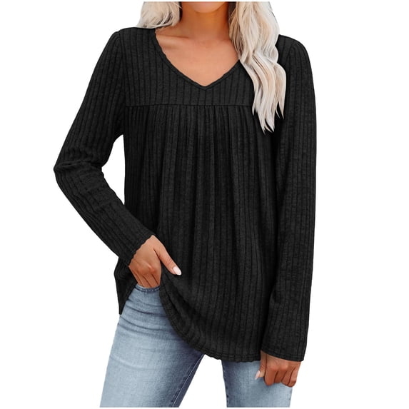 TKLPEHG Womens Tops Trendy Dressy Casual V Neck Pleated Tunic Shirts Solid Color Long Sleeve Loose Fit Pullover Fashion Clothes (Black,XL)