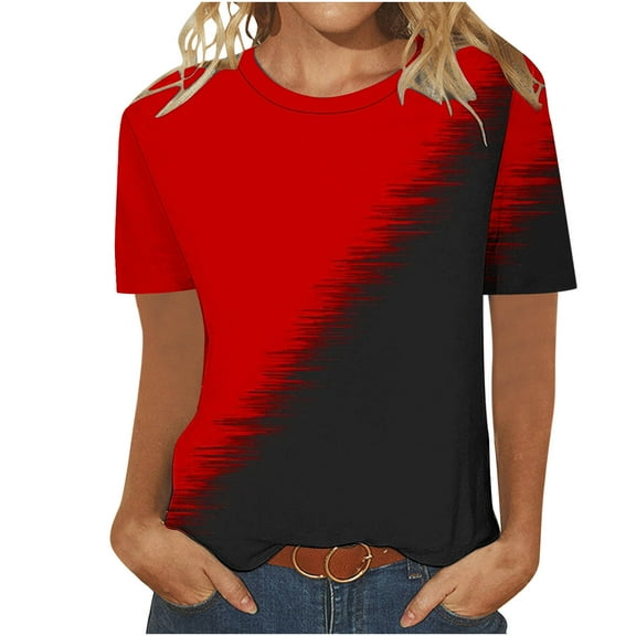 TKLPEHG Womens Tops Trendy Short Sleeve T Shirts Crew Neck Color Block Patchwork Graphic Tee Summer Fashion Casual Loose Comfy Outfits (Red,XL)