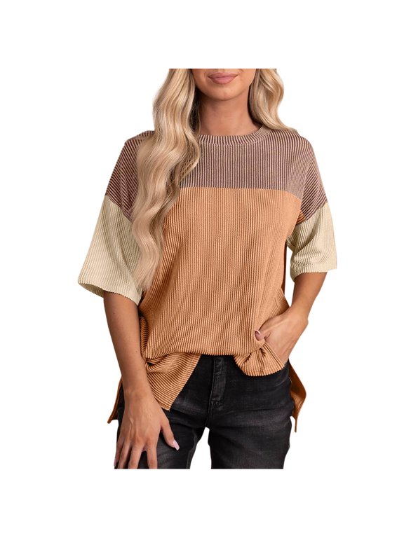 Womens Tops Trendy Short Sleeve T Shirts Crew Neck Comfy Casual Loose Color Block Patchwork Graphic Tee Summer Fashion Blouses (Khaki,XXL)