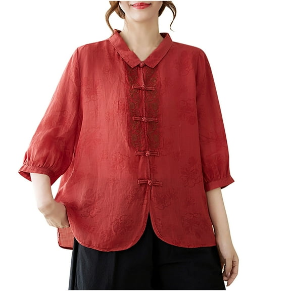 TKLPEHG Womens Tops Trendy Summer 3/4 Sleeve T Shirts Lightweight Solid Color Loose Casual Going Out Tops Round Neck Cotton Linen Tops Blouse(Red,XL)