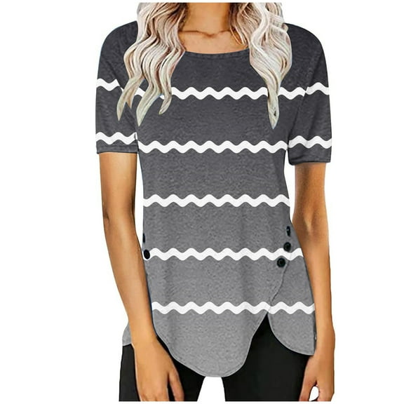 TKLPEHG Womens Tops Trendy Summer Going Out Tops Striped Print Graphic Tee Casual Round Neck Button Side Tops Lightweight Loose Short Sleeve T Shirts Blouse(Gray,XXXL)