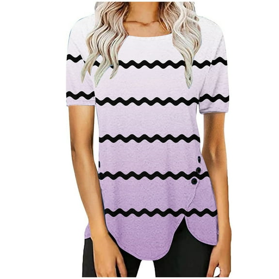 TKLPEHG Womens Tops Trendy Summer Going Out Tops Striped Print Graphic Tee Casual Round Neck Button Side Tops Lightweight Loose Short Sleeve T Shirts Blouse(Pink,S)