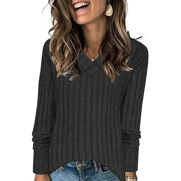 TKLPEHG Womens Tops Trendy V Neck Knitted Tops Loose Casual Comfy Long Sleeve Classic Solid Color Fashion Lightweight Pullover (Dark Gray,M)