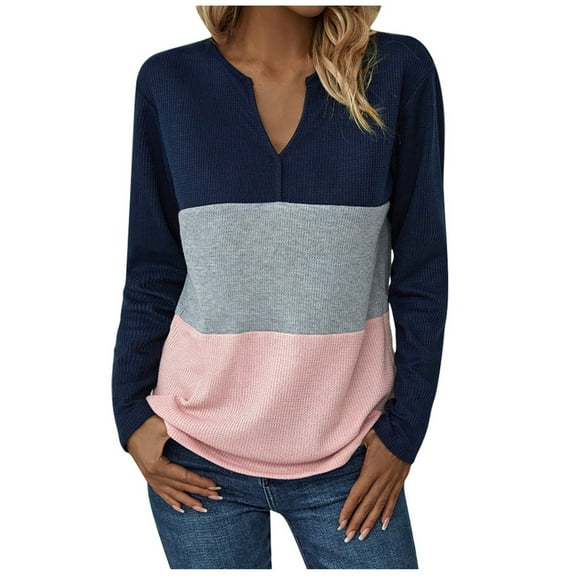 TKLPEHG Womens Tops Trendy V Neck Tunic Tops Classic Color Block Patchwork Loose Fashion Casual Comfy Long Sleeve Lightweight Blouse (Pink,M)