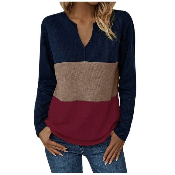 TKLPEHG Womens Tops Trendy V Neck Tunic Tops Classic Color Block Patchwork Loose Fashion Casual Comfy Long Sleeve Lightweight Blouse (Red,XL)