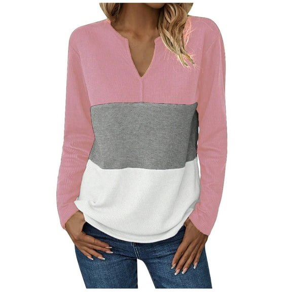 TKLPEHG Womens Tops Trendy V Neck Tunic Tops Classic Color Block Patchwork Loose Fashion Casual Comfy Long Sleeve Lightweight Blouse (White,M)