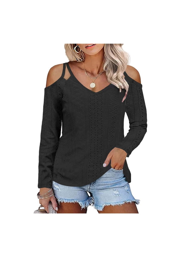 Womens Tops V-Neck Elegant Cold Shoulder Shirt Loose Long Sleeve T Shirt Fashion Solid Color Casual Fall Tops Comfy Lightweight Blouses Pullover (Black,M)