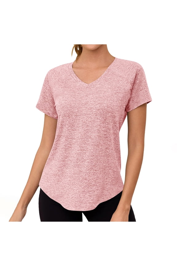 Womens Tops V Neck Summer Elastic Short Sleeve Shirt Sport Casual Tops Raglan Irregular Hem Blouse (Pink,XXL)