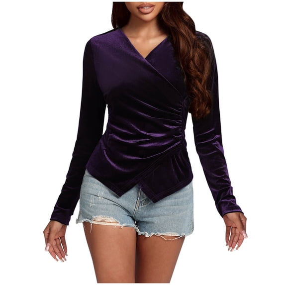 TKLPEHG Womens Tops V-Neck Velvet Ruched Tops Solid Color Lightweight Long Sleeve T Shirt Fall Tops Fashion Loose Comfy Casual Blouses Pullover (Purple,L)