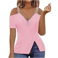 thumbnail image 1 of TKLPEHG Womens Tops V-Neck Zipper Cold Shoulde Top Loose Short Sleeve T Shirt Casual Fashion Comfy Summer Clothes Lightweight Solid Color Blouses (Pink,M), 1 of 6