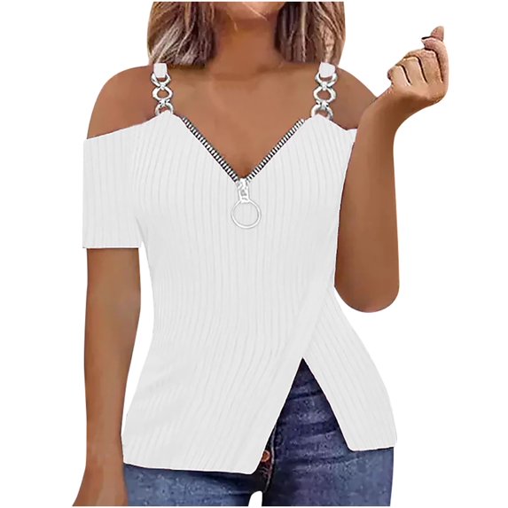 TKLPEHG Womens Tops V-Neck Zipper Cold Shoulde Top Loose Short Sleeve T Shirt Casual Fashion Comfy Summer Clothes Lightweight Solid Color Blouses (White,S)