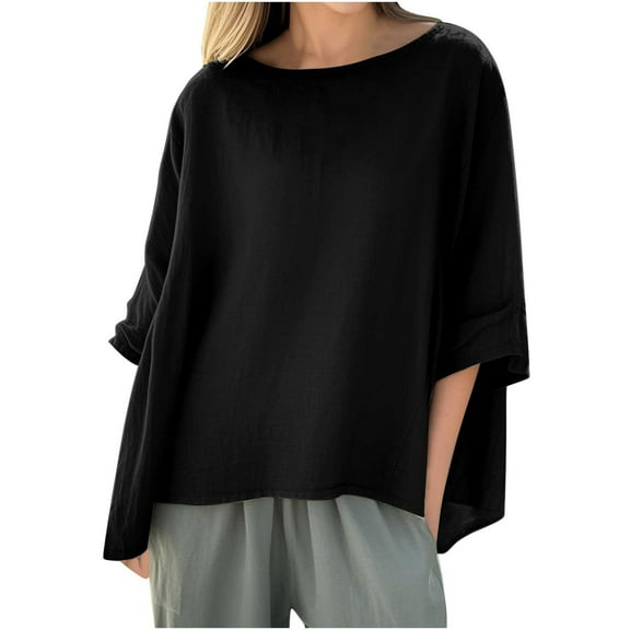 TKLPEHG Womens Tunic Tops 3/4 Sleeve Dressy Casual Crew Neck Three Quarter Sleeve Solid Tunic Shirts Loose Vacation Outfits (Black,XXL)